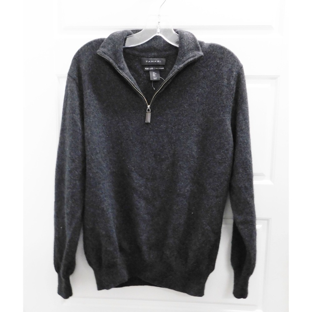 Tahari PURE LUXE 100% Cashmere Gray Mens Large Quarter Zip Long Sleeve Sweater
